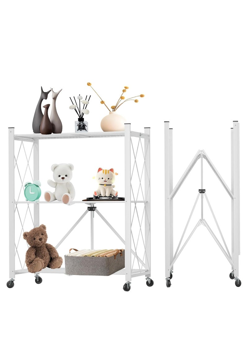 رف تخزين المطبخ الحديدي 3 رفوف، رفوف تخزين قابلة للطي مع عجلات، وحدة رفوف ذات سعة كبيرة، رف سلكي معدني مستقل، رف منظم بدون تجميع للمطبخ المرآب، الطابق السفلي، المخزن (أبيض) - Image 1