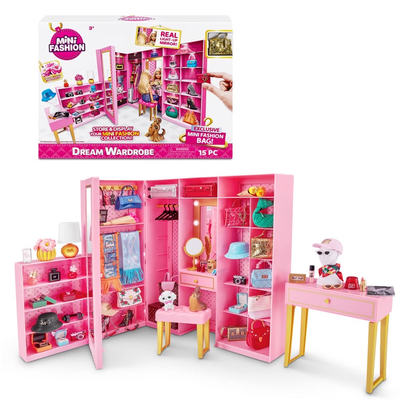 Mini Brands Mini Fashion Dream Wardrobe by ZURU with Exclusive Metallic Mini Fashion Bag and 25 Storage Areas to Hold Doll Accessories Gift