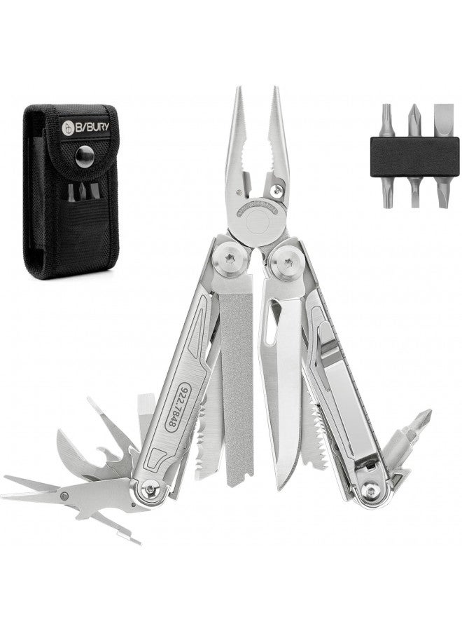 BIBURY Fathers Day Gift, BIBURY Multitool, 19-in-1 Stainless Steel Multi Tool with Fold-able Pliers, Screwdriver Sleeve, Scissors, Nylon Pouch, Muti-tool for Camping Survival Hiking Hunting Repairing  - Image 1
