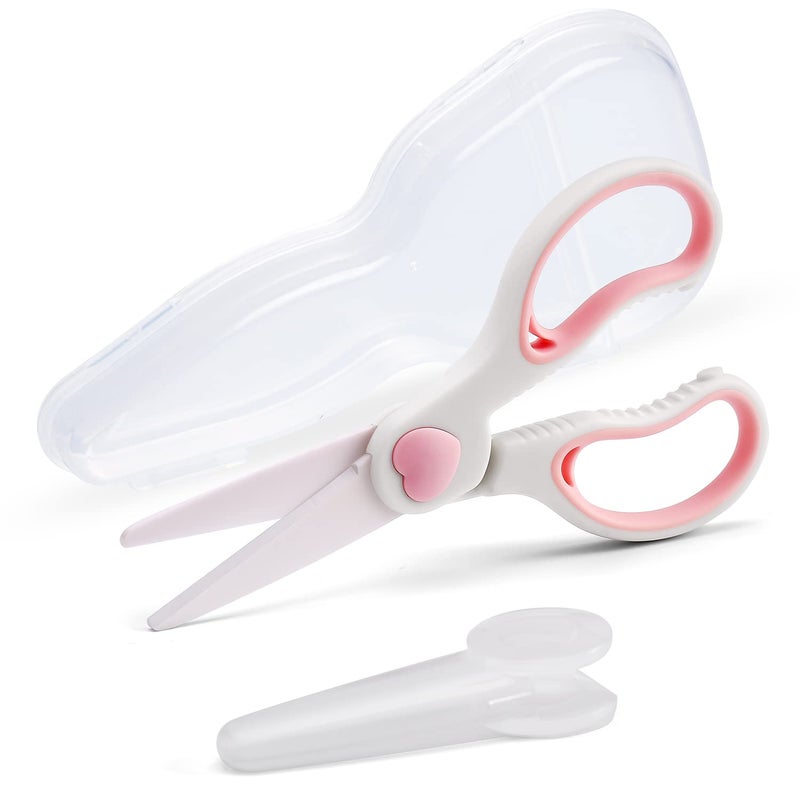 Ceramic Scissors for Baby Food Cutting Safety Healthy BPA Free Toddler Shears with Protective Blade Cover and Portable Travel Case PinkWhite