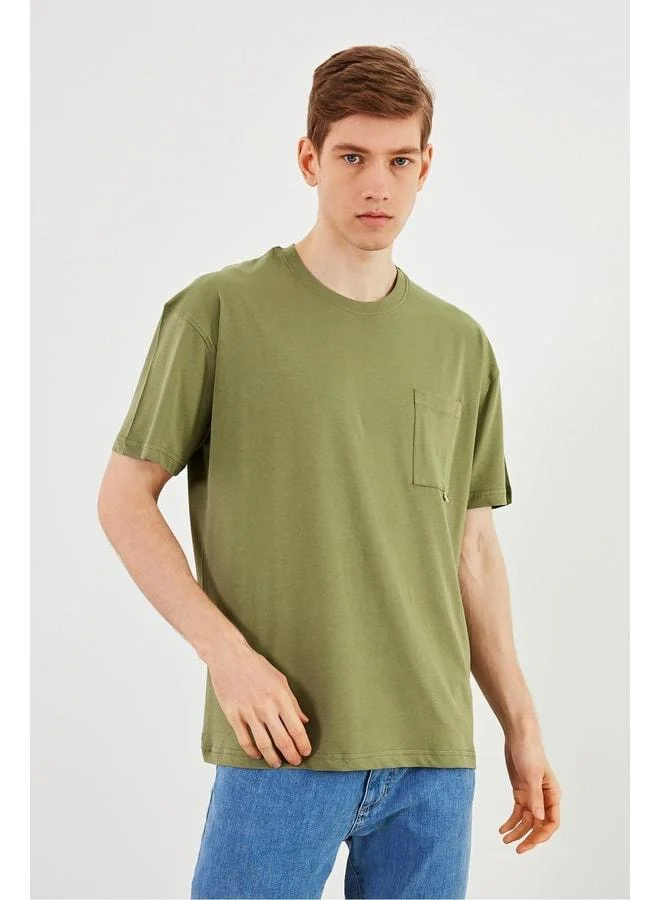 Mmetalic Leo Men's Oversize T-Shirt 100% Cotton With Pocket Detail, Crew Neck, Basic Khaki.