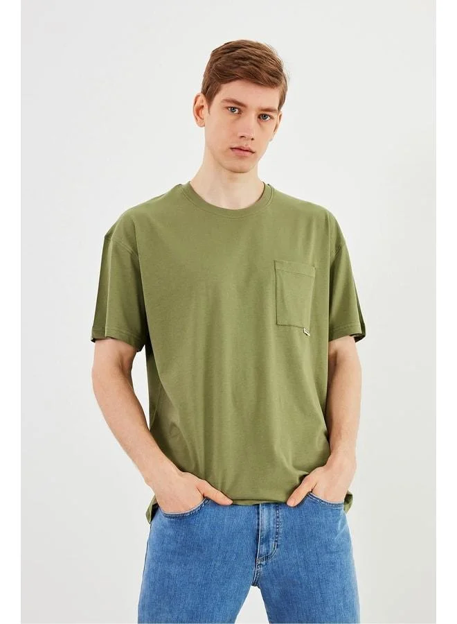 Mmetalic Leo Men's Oversize T-Shirt 100% Cotton With Pocket Detail, Crew Neck, Basic Khaki.