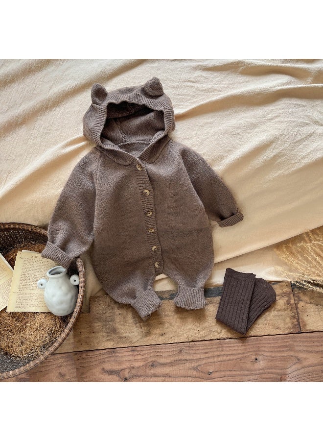 بدلة نسائية للأطفال الرضع من الصوف لربيع وخريف - رداء زاحف بقبعة أذني أرنب لطيف