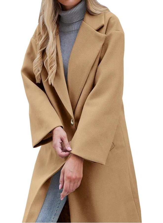 LNKQA Women's Winter Pea Coat Notch Lapel Single Breasted Oversized Long Casual Wool Blend Overcoat, Khaki, S - Image 4