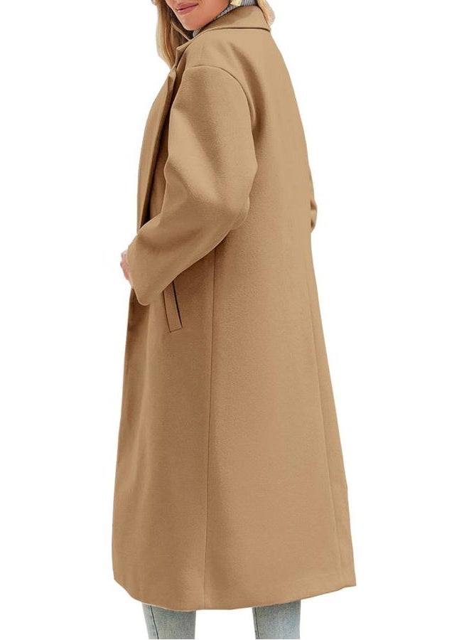 LNKQA Women's Winter Pea Coat Notch Lapel Single Breasted Oversized Long Casual Wool Blend Overcoat, Khaki, S - Image 3
