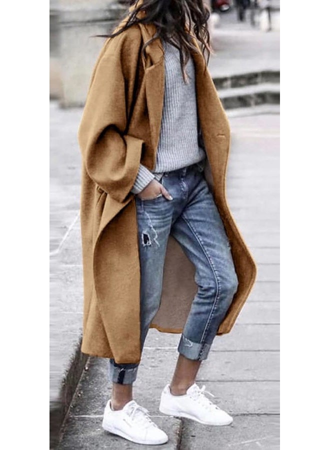 LNKQA Women's Winter Pea Coat Notch Lapel Single Breasted Oversized Long Casual Wool Blend Overcoat, Khaki, S - Image 2