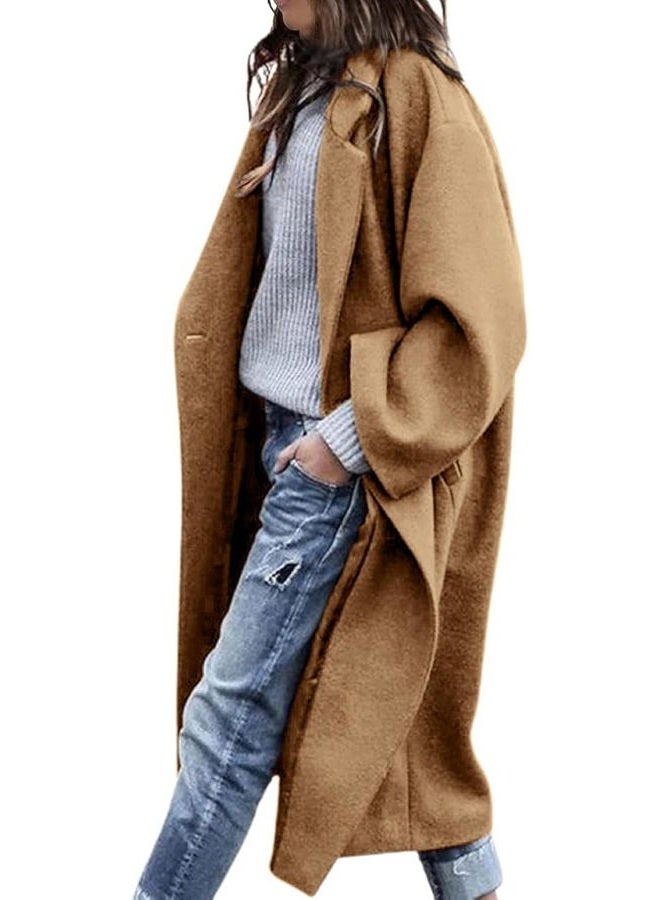 LNKQA Women's Winter Pea Coat Notch Lapel Single Breasted Oversized Long Casual Wool Blend Overcoat, Khaki, S - Image 1
