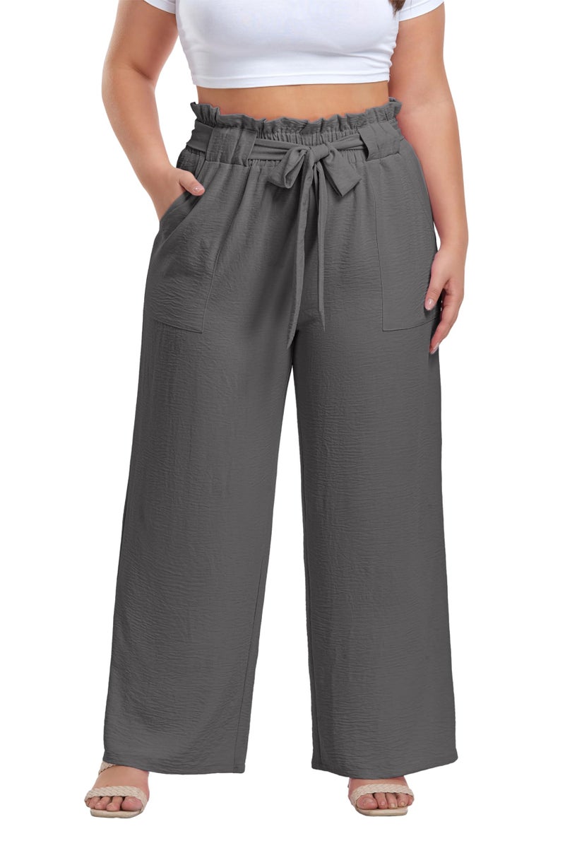 OLRIK Plus Size Pants for Women Wide Leg with Belt Casual Loose Paper Bag Pants Elastic High Waisted Trousers Flowy Smoky Gray-2X - Image 1