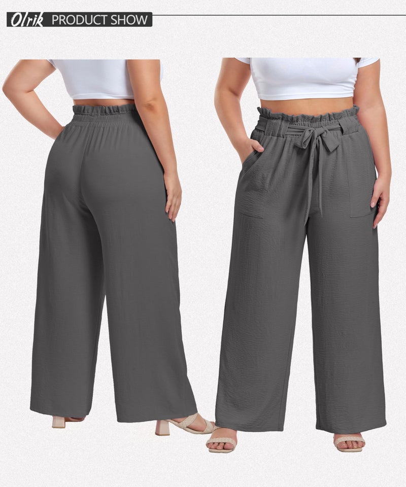 OLRIK Plus Size Pants for Women Wide Leg with Belt Casual Loose Paper Bag Pants Elastic High Waisted Trousers Flowy Smoky Gray-2X - Image 2