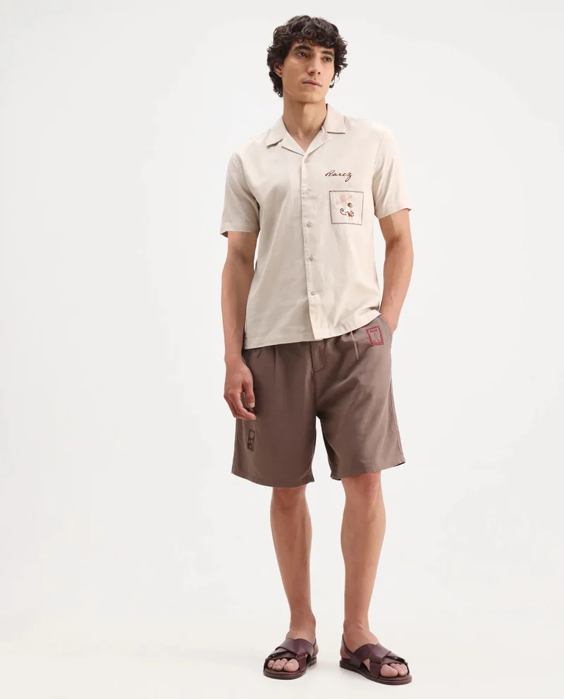 Rare Rabbit Rare Rabbit Men Quentin Beige Cotton Fabric Cuban Collar Embroidered Boxy Fit Shirt