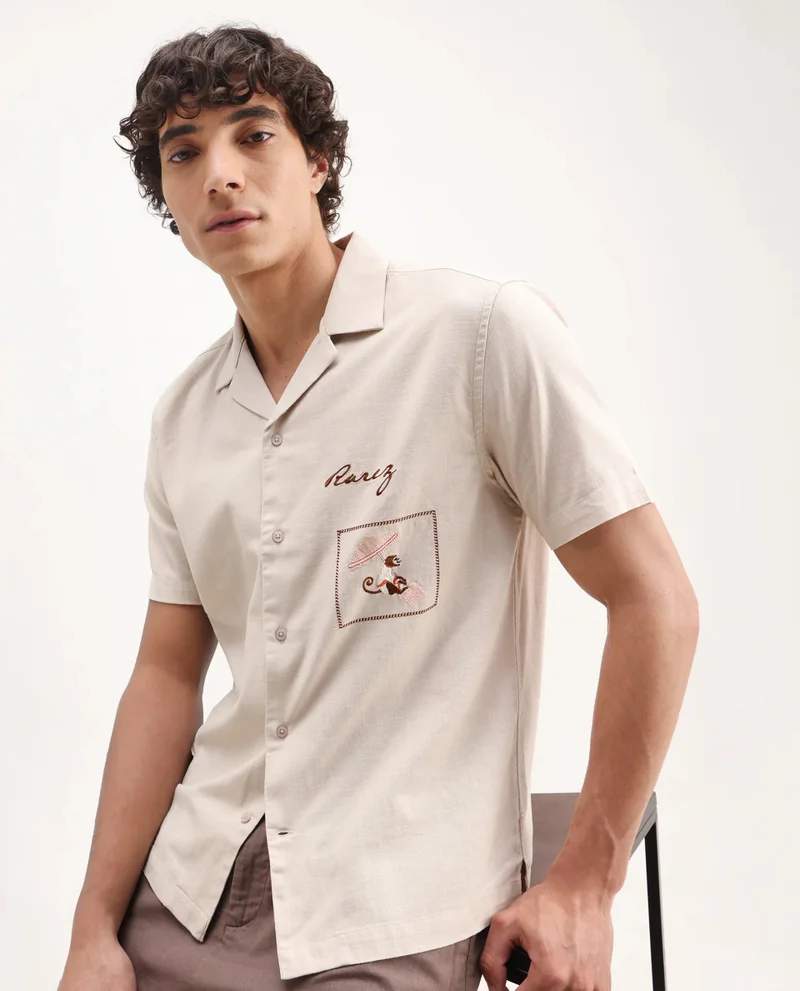 Rare Rabbit Rare Rabbit Men Quentin Beige Cotton Fabric Cuban Collar Embroidered Boxy Fit Shirt