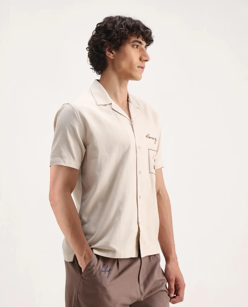 Rare Rabbit Men's Cuban Collar Embroidered Shirt