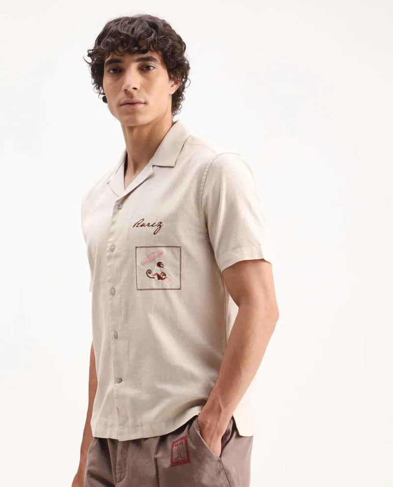 Rare Rabbit Men's Cuban Collar Embroidered Shirt