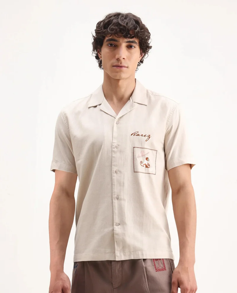 Rare Rabbit Men's Cuban Collar Embroidered Shirt