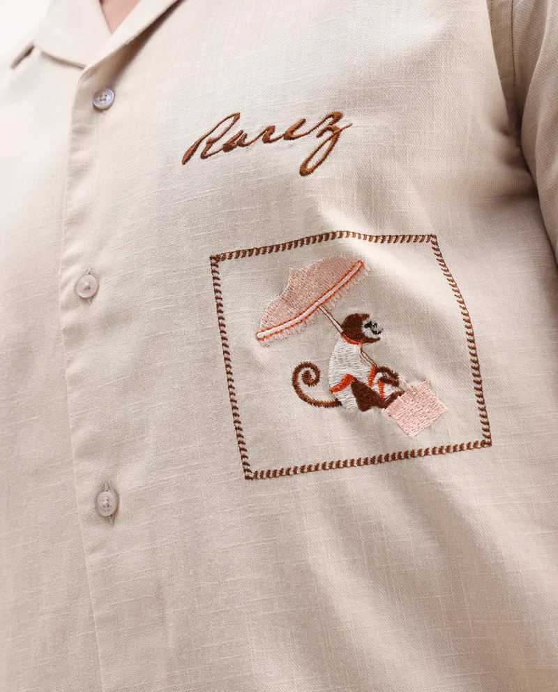 Rare Rabbit Men's Cuban Collar Embroidered Shirt