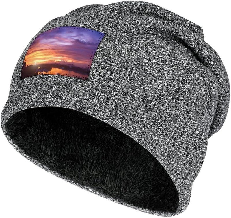 Soft Warm Winter Knit Hat Unisex Sunset Pattern Beanie Skull Cap Cuffed - Image 1