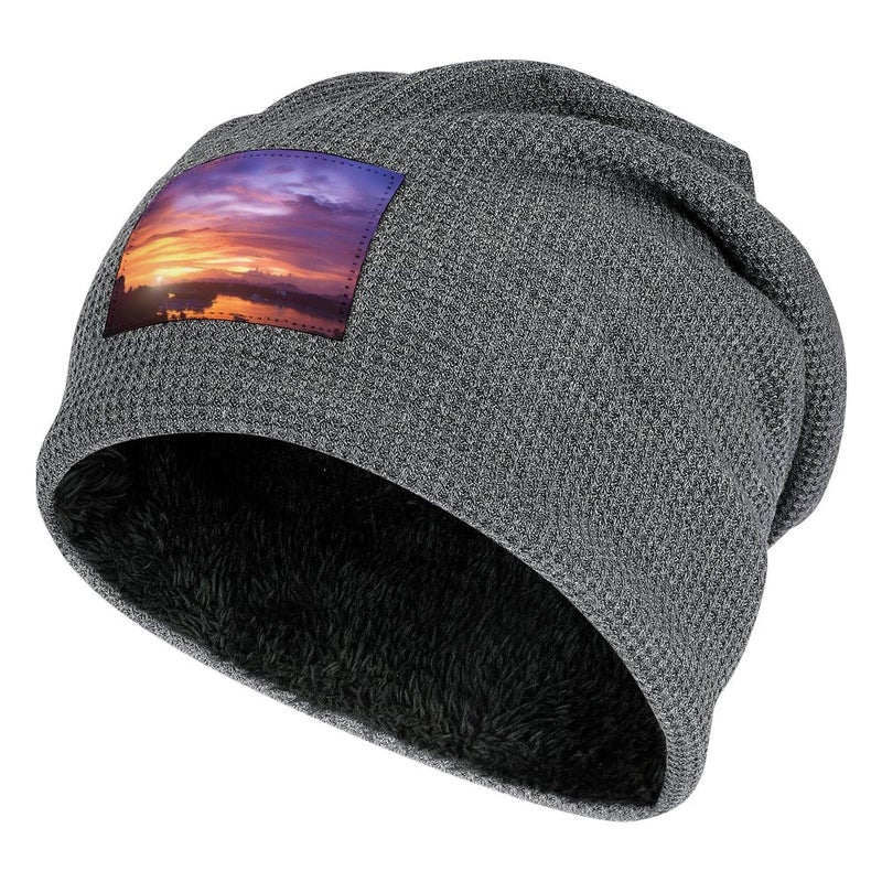 Soft Warm Winter Knit Hat Unisex Sunset Pattern Beanie Skull Cap Cuffed - Image 2