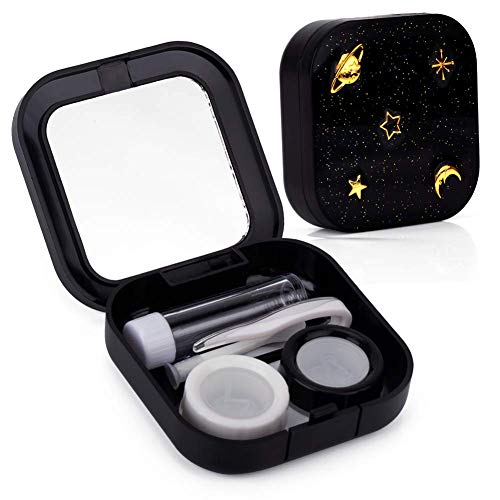 ofone Contact Lens Case, Cute Stars Moon Contact Holder Cases Kit with Lenses Remover Tool Tweezers Mirror Solution Bottle Portable Contacts Container Storage Box for Women (Black) - Image 1