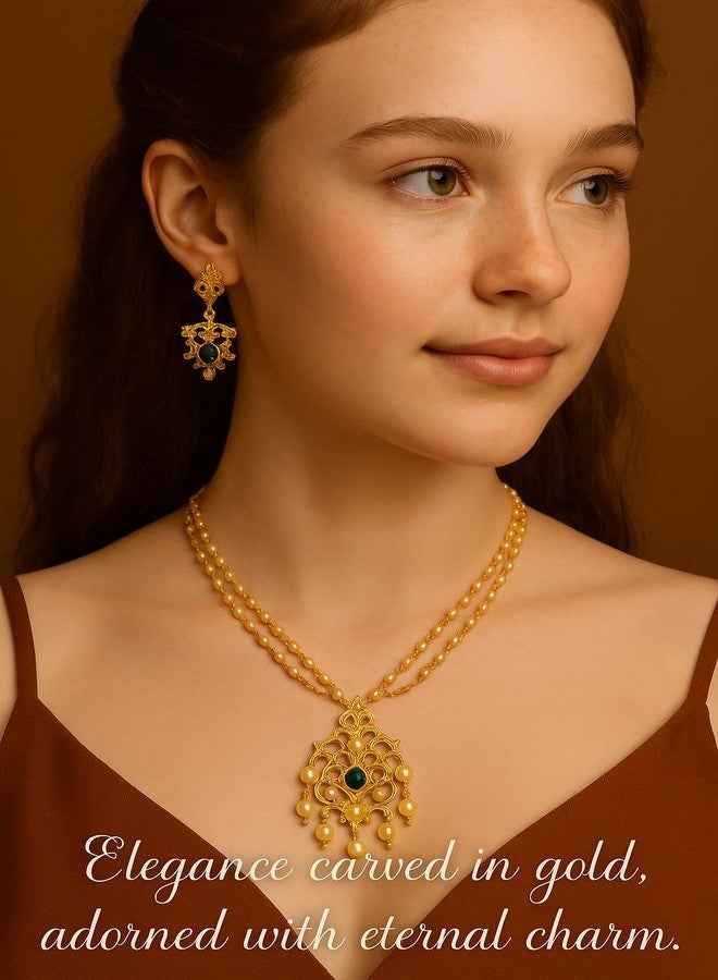 Touchstone Indian Bollywood Traditional Sober And Classy Look Traditional Kundan Polki Faux Pearls Faux Emerald Long Designer Jewelry Pendant Set In Gold Tone For Women. - Image 4