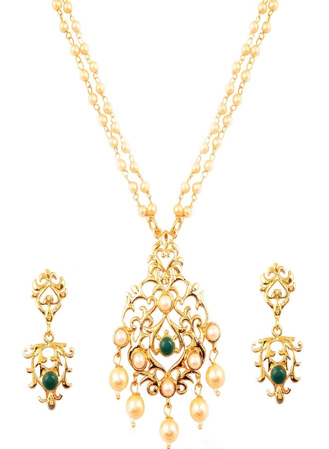 Touchstone Indian Bollywood Traditional Sober And Classy Look Traditional Kundan Polki Faux Pearls Faux Emerald Long Designer Jewelry Pendant Set In Gold Tone For Women. - Image 1