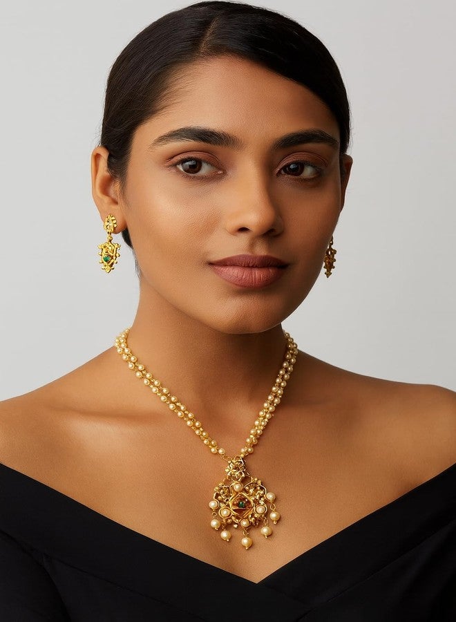 Touchstone Indian Bollywood Traditional Sober And Classy Look Traditional Kundan Polki Faux Pearls Faux Emerald Long Designer Jewelry Pendant Set In Gold Tone For Women. - Image 3