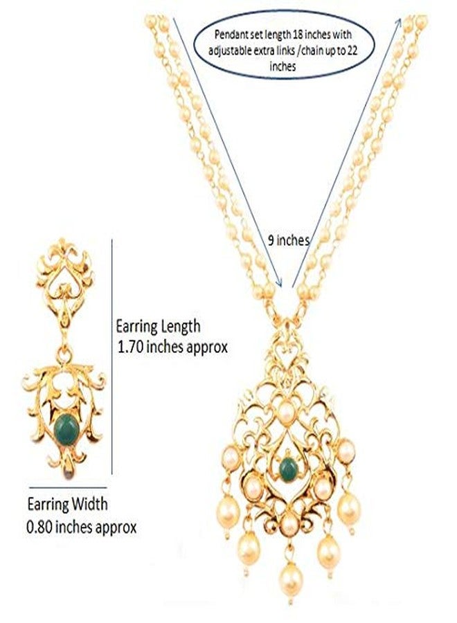 Touchstone Indian Bollywood Traditional Sober And Classy Look Traditional Kundan Polki Faux Pearls Faux Emerald Long Designer Jewelry Pendant Set In Gold Tone For Women. - Image 5
