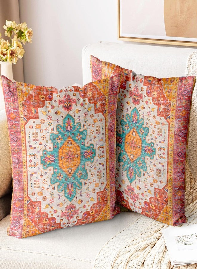 ZSYTZL أغطية وسائد ZSYTZL بنمط بوهيمي، مقاس 18×18 بوصة، طقم من قطعتين، أغطية وسائد ناعمة بنمط طباعة سجاد بوهيمي، غطاء وسادة مربع مزخرف لغرفة المعيشة أو الأريكة أو السرير - برتقالي محمر - Image 1