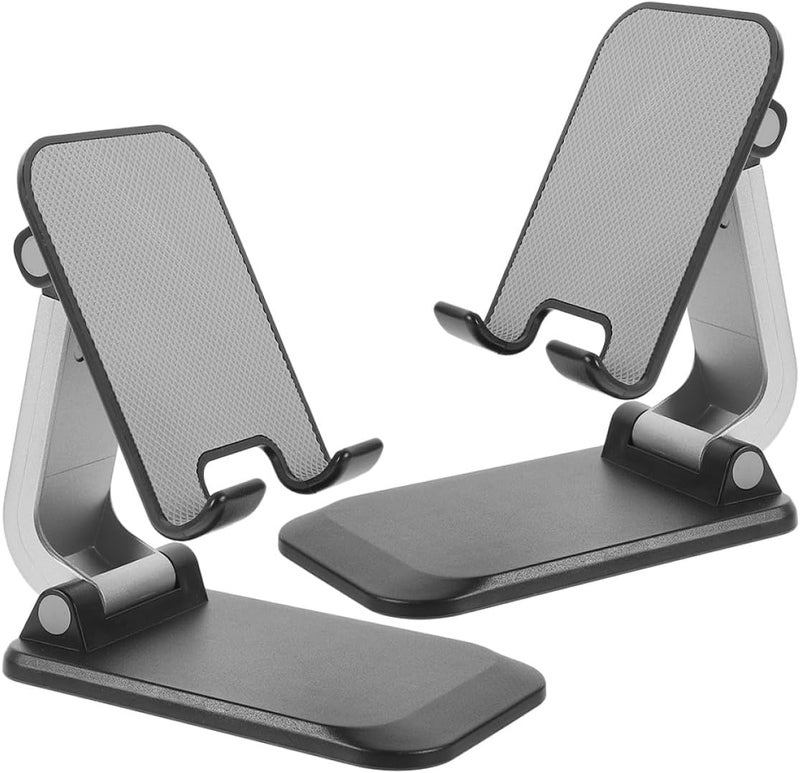 2pcs Foldable Cell Phone and Tablet Stand for Office Desk, Carbon Steel Adjustable Angle Holder in Black, Compact Portable Smartphone Bracket for Live Streaming and Desktop Use - Image 1