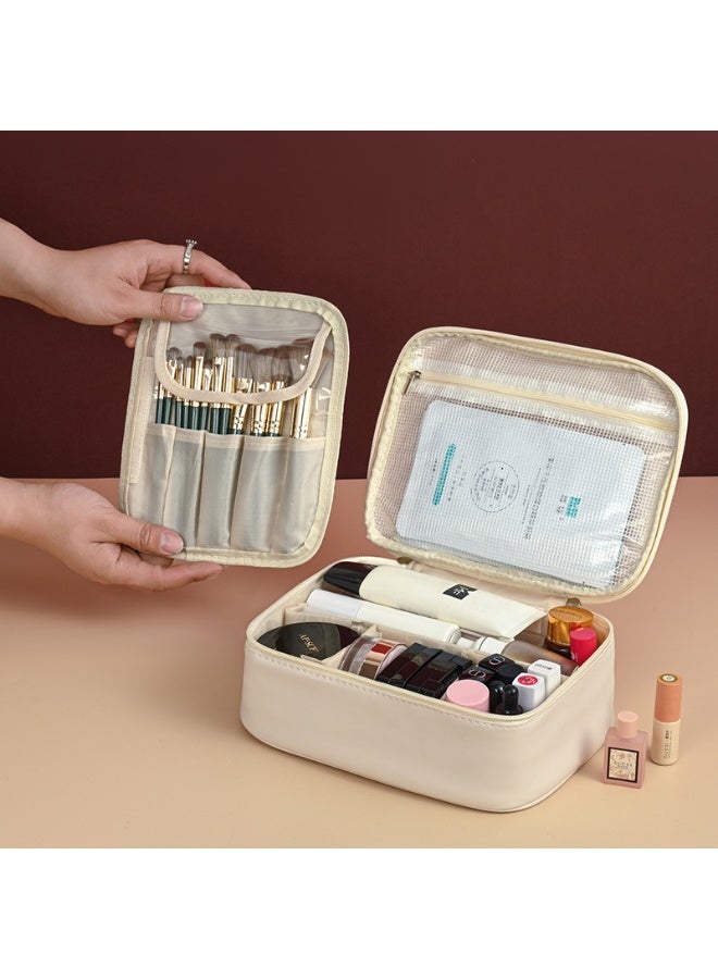New Arrival Split Compartment Cosmetic Bag Large Capacity High-end Multifunctional Cosmetic Toilet Storage Bag (Apricot Milk White) - Image 2