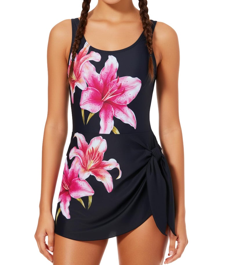 Cuddomper Girl Swimsuit Black One Piece Swim Dress Floral Lily Adjustable Straps Bathing Suit with Pad Vacation Beach Modest Swimwear Size 13-14 - Image 1