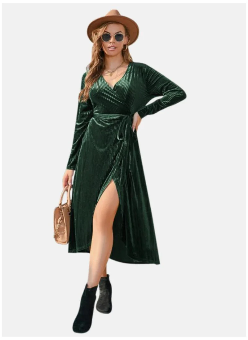 يونيكي Green V-Neck Wrap Midi Dress