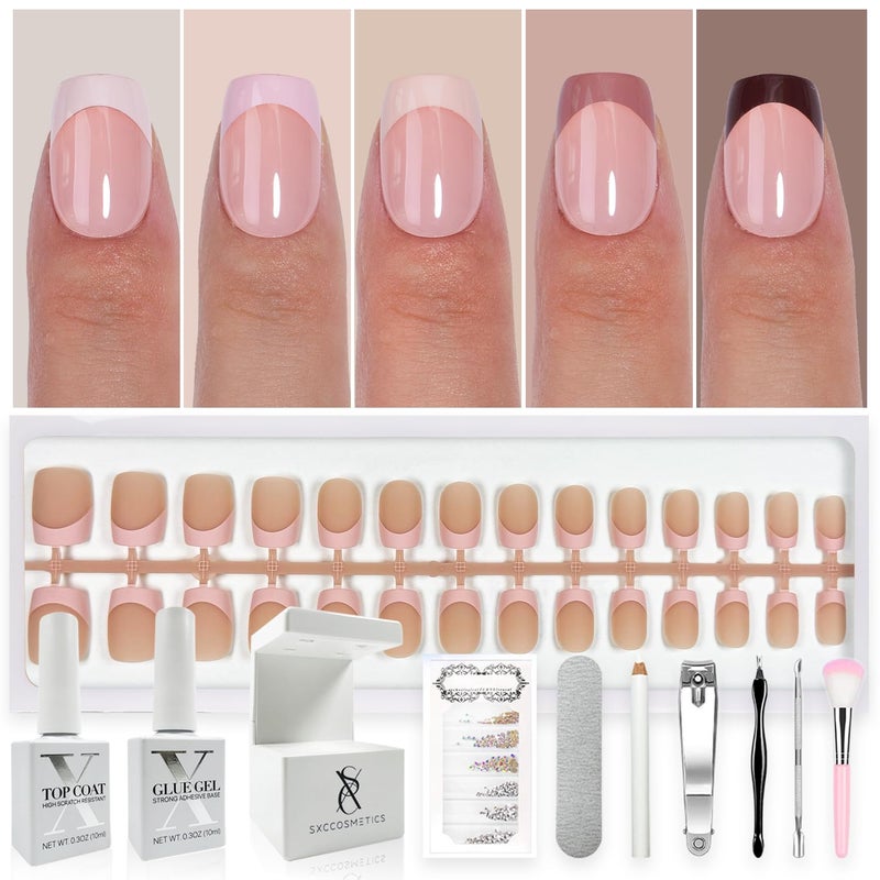 SXC Cosmetics French Tip Press On Nails - Skin Tone Nude and Color Series, XS Square X-Pro Tips Starter Kit ST113KIT
