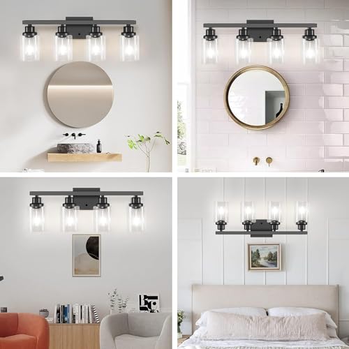 DIKAIDA Bathroom Vanity Light, 4-Light Modern Matte Black Wall Sconce Lighting with Clear Glass Shade, Black Wall Lights,Bath Vintage Wall Mounted Lamps for Mirror Bedroom,Living Room - Image 3