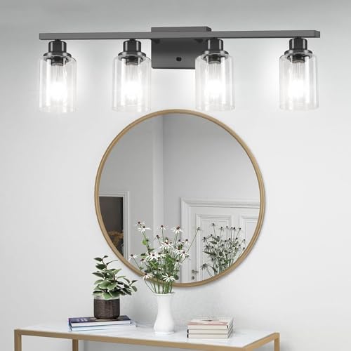 DIKAIDA Bathroom Vanity Light, 4-Light Modern Matte Black Wall Sconce Lighting with Clear Glass Shade, Black Wall Lights,Bath Vintage Wall Mounted Lamps for Mirror Bedroom,Living Room - Image 2