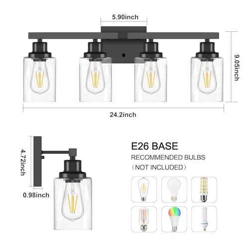 DIKAIDA Bathroom Vanity Light, 4-Light Modern Matte Black Wall Sconce Lighting with Clear Glass Shade, Black Wall Lights,Bath Vintage Wall Mounted Lamps for Mirror Bedroom,Living Room - Image 5