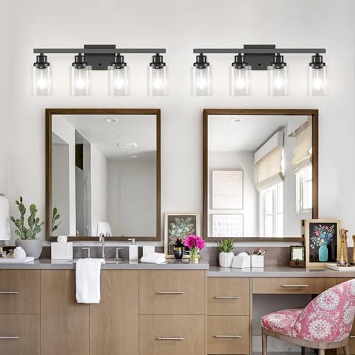 DIKAIDA Bathroom Vanity Light, 4-Light Modern Matte Black Wall Sconce Lighting with Clear Glass Shade, Black Wall Lights,Bath Vintage Wall Mounted Lamps for Mirror Bedroom,Living Room - Image 4
