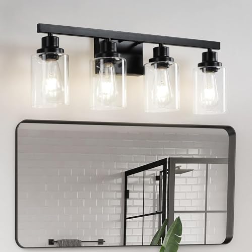 DIKAIDA Bathroom Vanity Light, 4-Light Modern Matte Black Wall Sconce Lighting with Clear Glass Shade, Black Wall Lights,Bath Vintage Wall Mounted Lamps for Mirror Bedroom,Living Room - Image 1