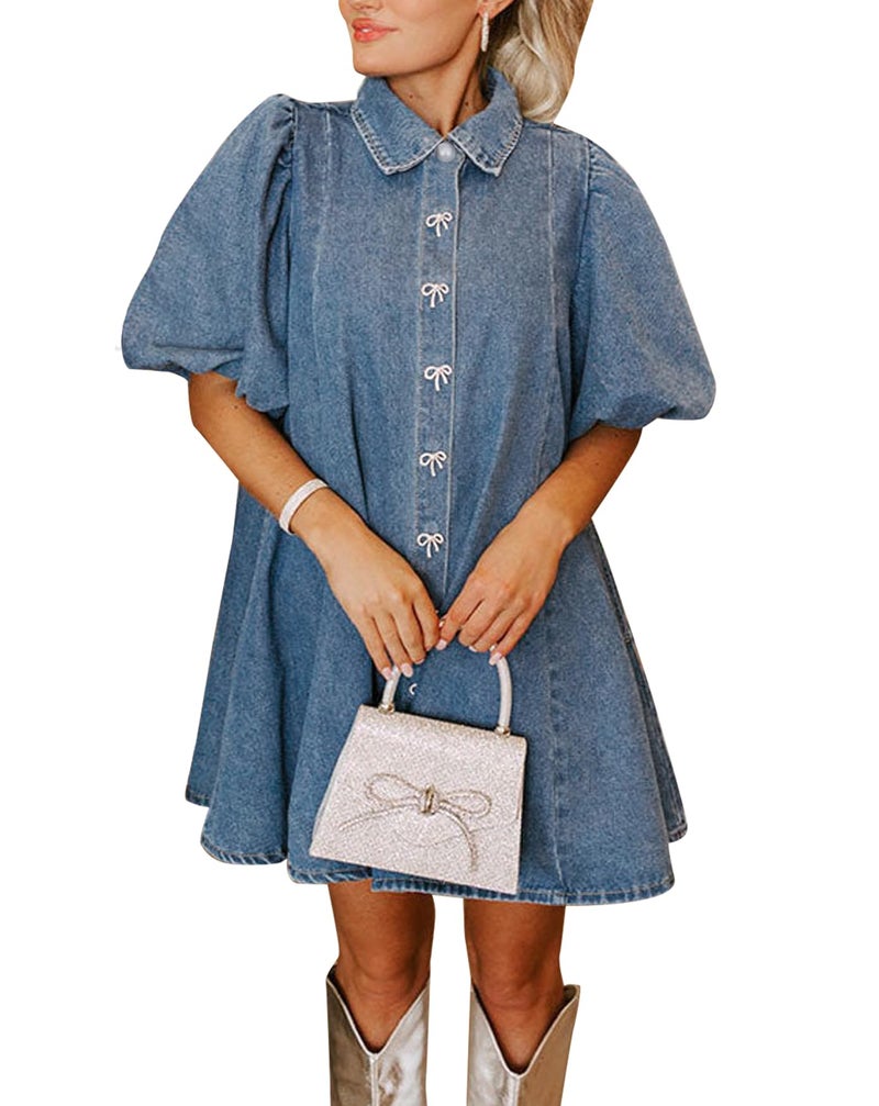LifeShe Women Bow Decor Denim Dress Babydoll Mini Dress Casual Button Down Flowy Swing Jean Dresses Blue - Image 1