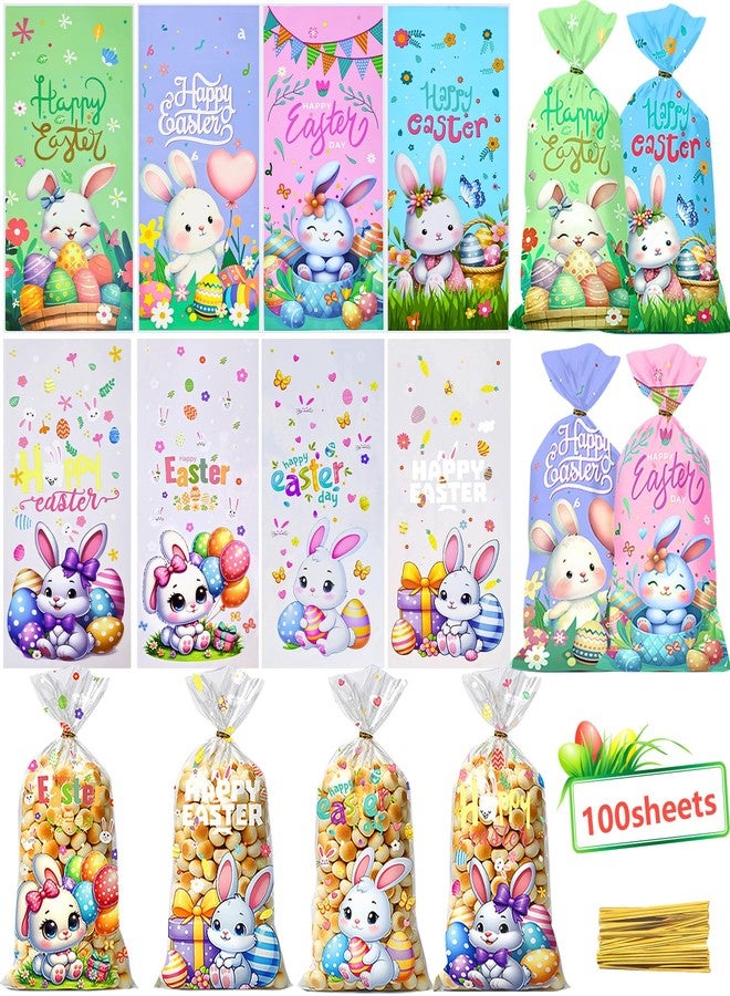 CUUSNNY Easter Candy Bags 100 Pcs with 120 Gold Twist Ties,Plastic Cellophane Treat Bags for Kids Easter Egg Hunt, Party Favors & Gift Packaging,Holiday Goodie Bag Supplies (Colorful Design) - Image 1