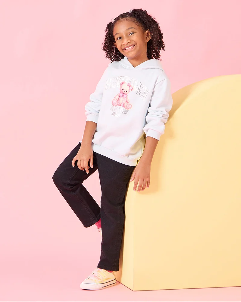 Redtag Girls Blue Teddy Print Hooded Sweatshirt