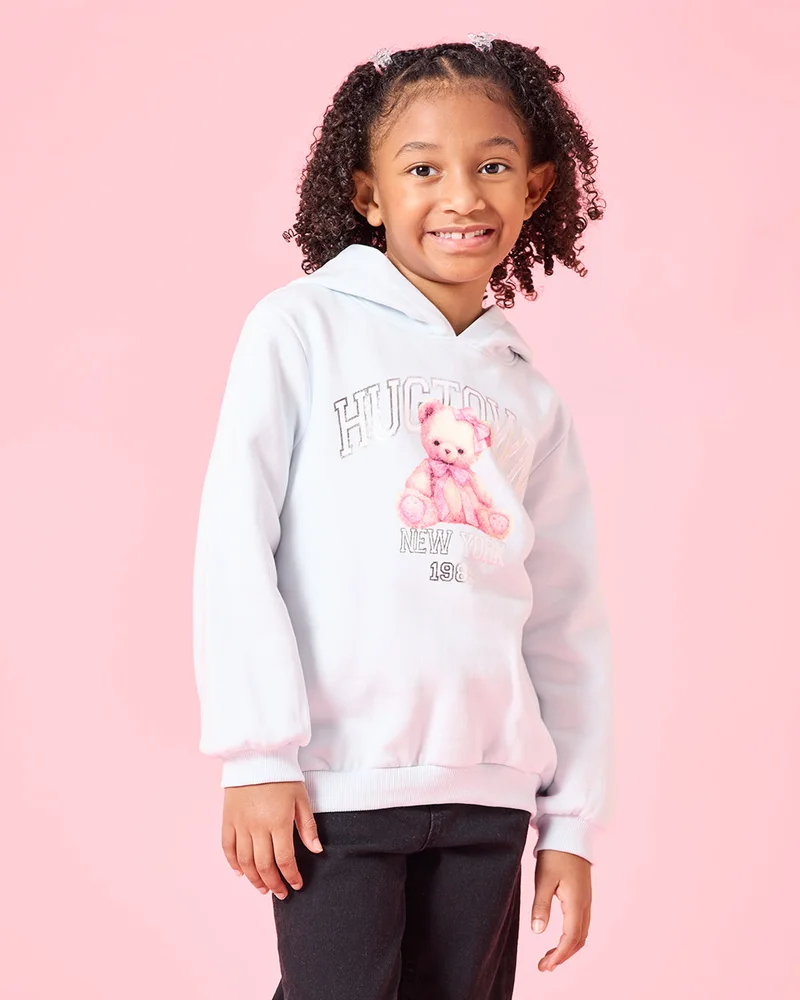 Redtag Girls Blue Teddy Print Hooded Sweatshirt