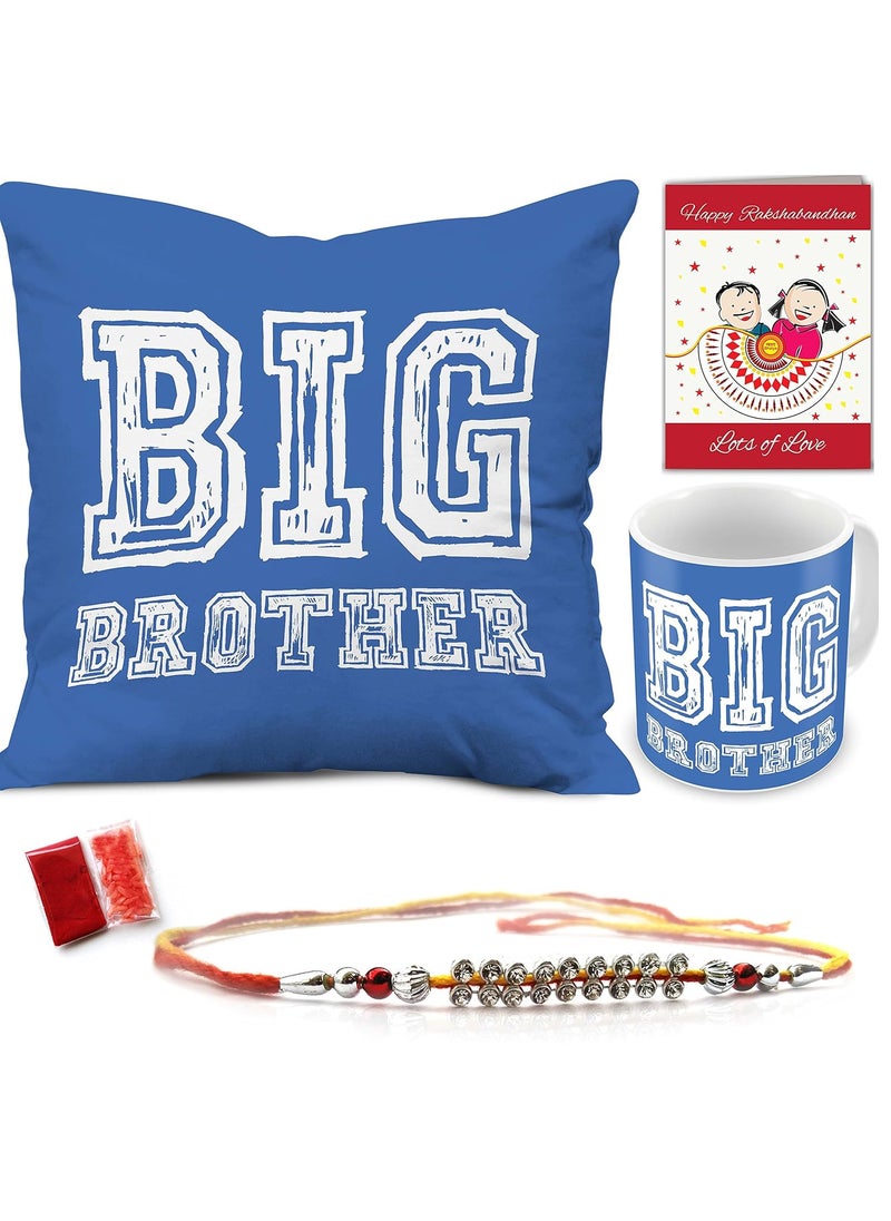 Indigifts Indigifts Rakshabandhan Gifts for Brother Big Brother Quote Printed Cushion 12"x12" with Filler, Mug 330 ml, Rudraksha Rakhi for Brother, Roli & Greeting Card - Raksha Bandhan Gift  - Image 1