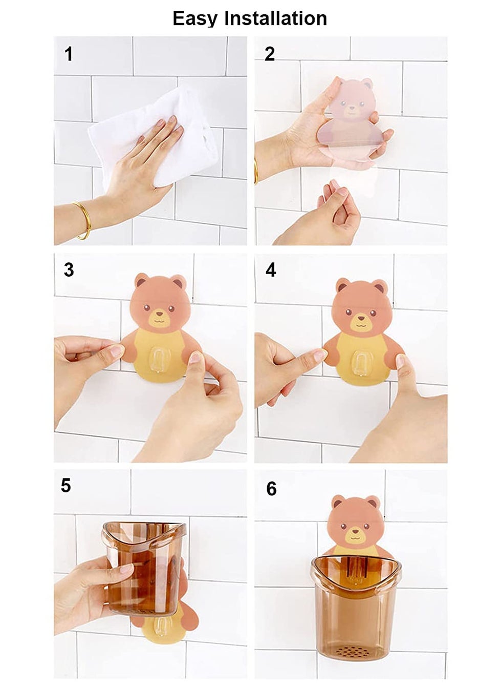 VOXBIT Voxbit Toothbrush Holder Set of 2 Pcs Plastic Stand for Toothpaste Comb Brush Cream Lotion Kids Bathroom Cup Drain Waterproof SelfAdhesive Teddy Bear  - Image 5