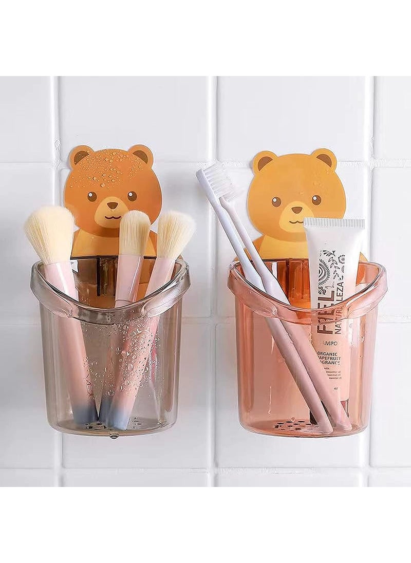 VOXBIT Voxbit Toothbrush Holder Set of 2 Pcs Plastic Stand for Toothpaste Comb Brush Cream Lotion Kids Bathroom Cup Drain Waterproof SelfAdhesive Teddy Bear  - Image 1