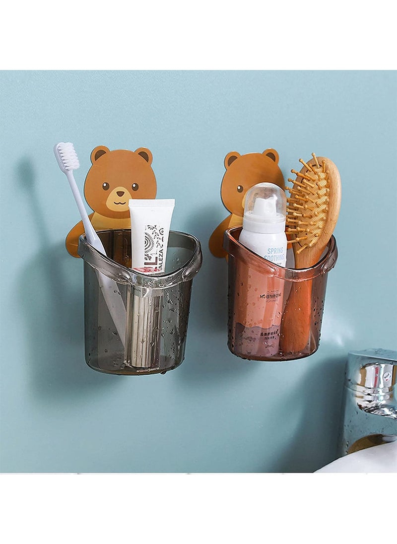 VOXBIT Voxbit Toothbrush Holder Set of 2 Pcs Plastic Stand for Toothpaste Comb Brush Cream Lotion Kids Bathroom Cup Drain Waterproof SelfAdhesive Teddy Bear  - Image 2