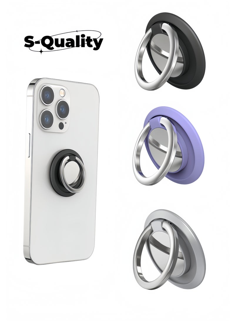 S-Quality "3-Pack Magnetic Phone Ring Holder Stand, 360° Rotatable Foldable Finger Grip Kickstand for Smartphones (Silver + Purple + Black)" - Image 1