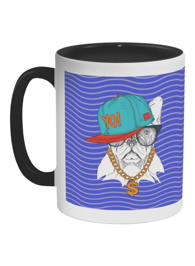 RYN Cartoon Dog Drawing Printed Ceramic Coffee Mug Black/Blue/White 11ounce