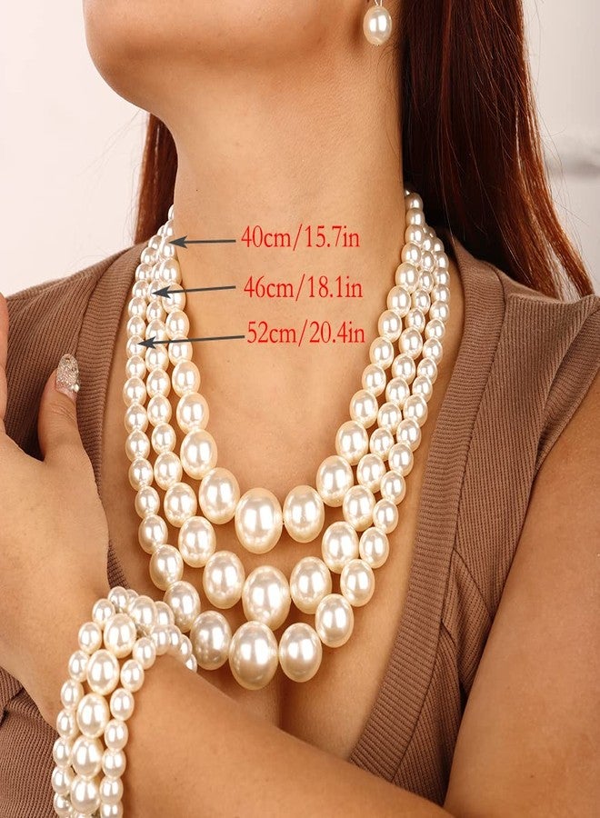 Wiwpar 3PCS Large Layer White Pearl Necklace for Women Chunky Pearl Necklace Bracelet and Earrings Jewelry Set 1920s Pearl Necklace Accessories Weeding (white) - Image 5