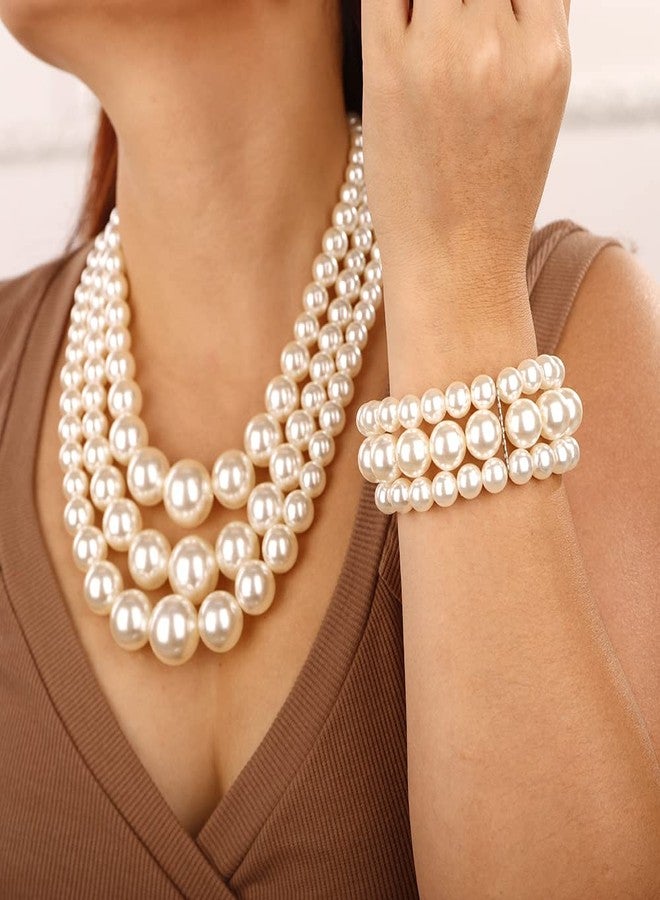 Wiwpar 3PCS Large Layer White Pearl Necklace for Women Chunky Pearl Necklace Bracelet and Earrings Jewelry Set 1920s Pearl Necklace Accessories Weeding (white) - Image 3