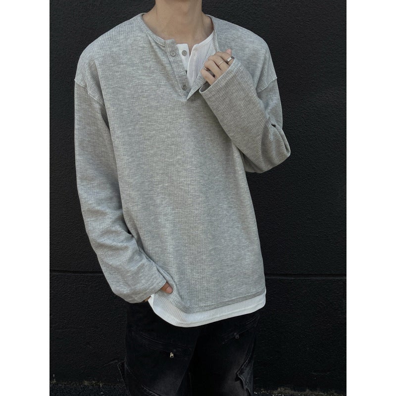 2025 Fake Two-Piece Long-Sleeved T-Shirt For Boys, Loose And Casual, Spring & Fall Korean Style Versatile T-Shirt Top Trend - Image 1